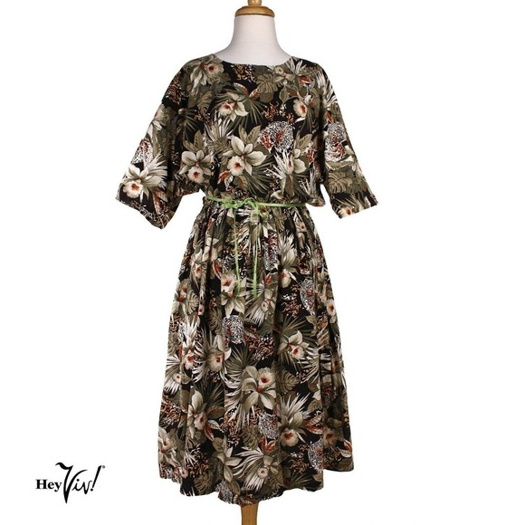 Vintage 80s Dress Cotton Tropical Print Blouson Top Elastic Waist Sz M - Hey Viv - Picture 1 of 5